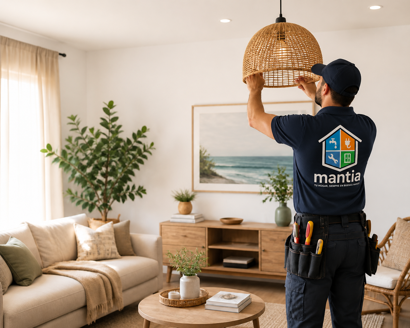 Técnico de Mantia instalando una lámpara en un salón